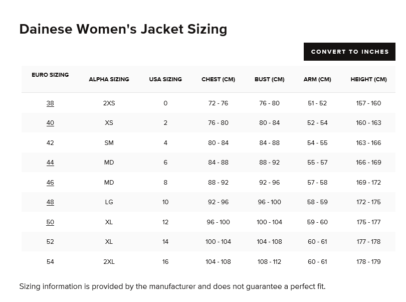 Dainese Womens Jacket Size Chart